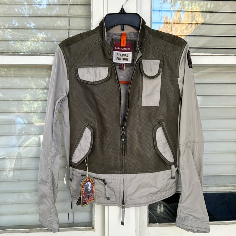 Parajumpers Two-Tone Olive Green and Light Gray Special Edition Leather Jacket